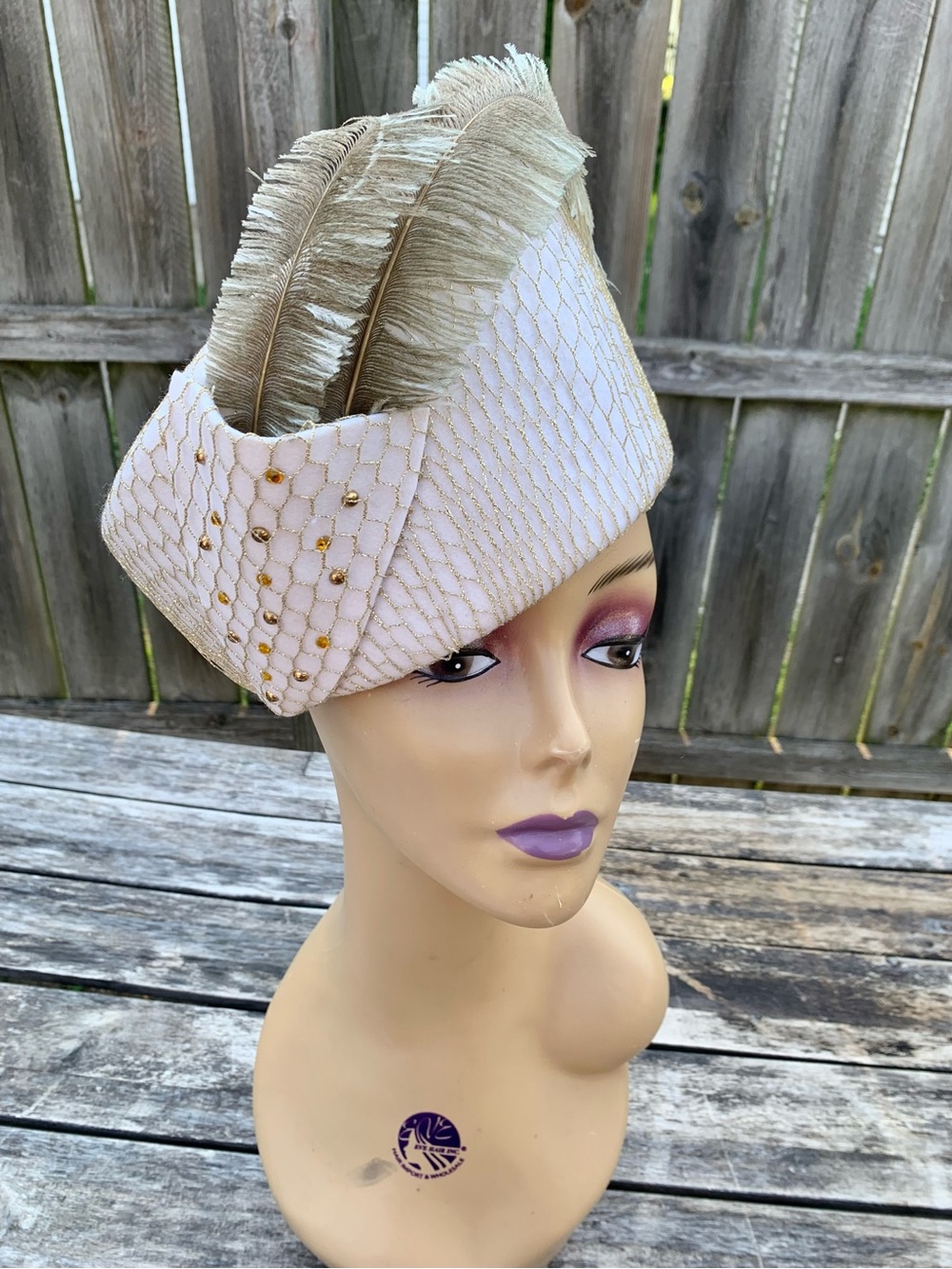 Vintage Sylvia Gold Mesh Rhinestone Feather Cocktail Pillbox Hat